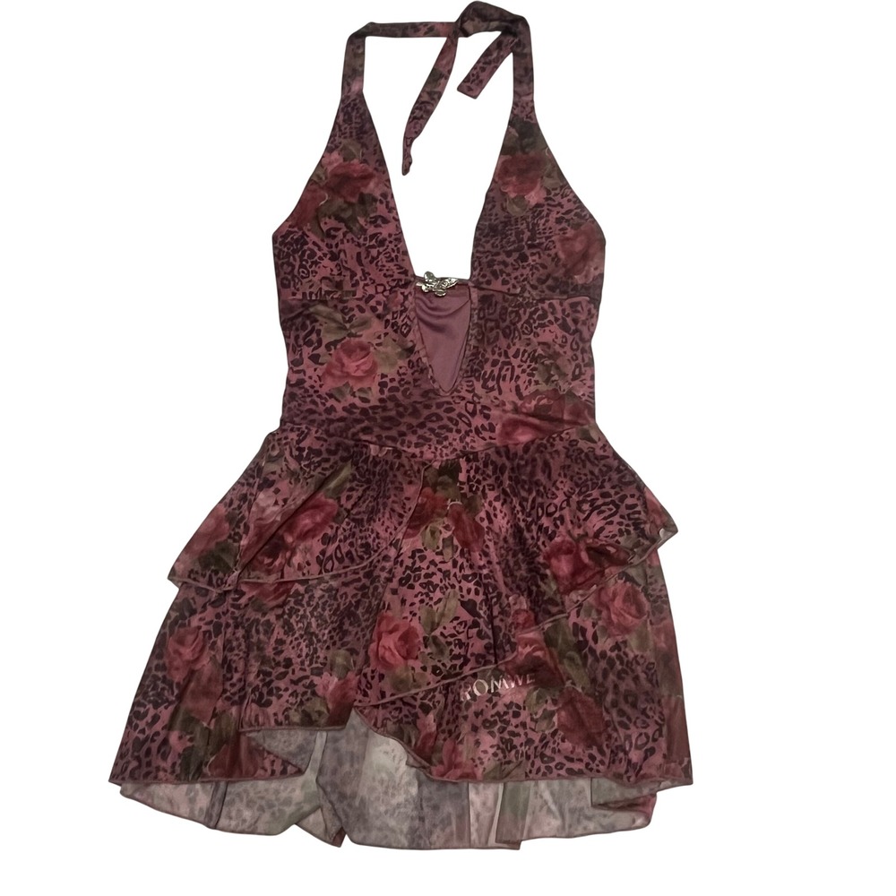NEW! Romwe XS Mauve Leopard Floral Mesh Halter Mini Dress Butterfly Romper NWT